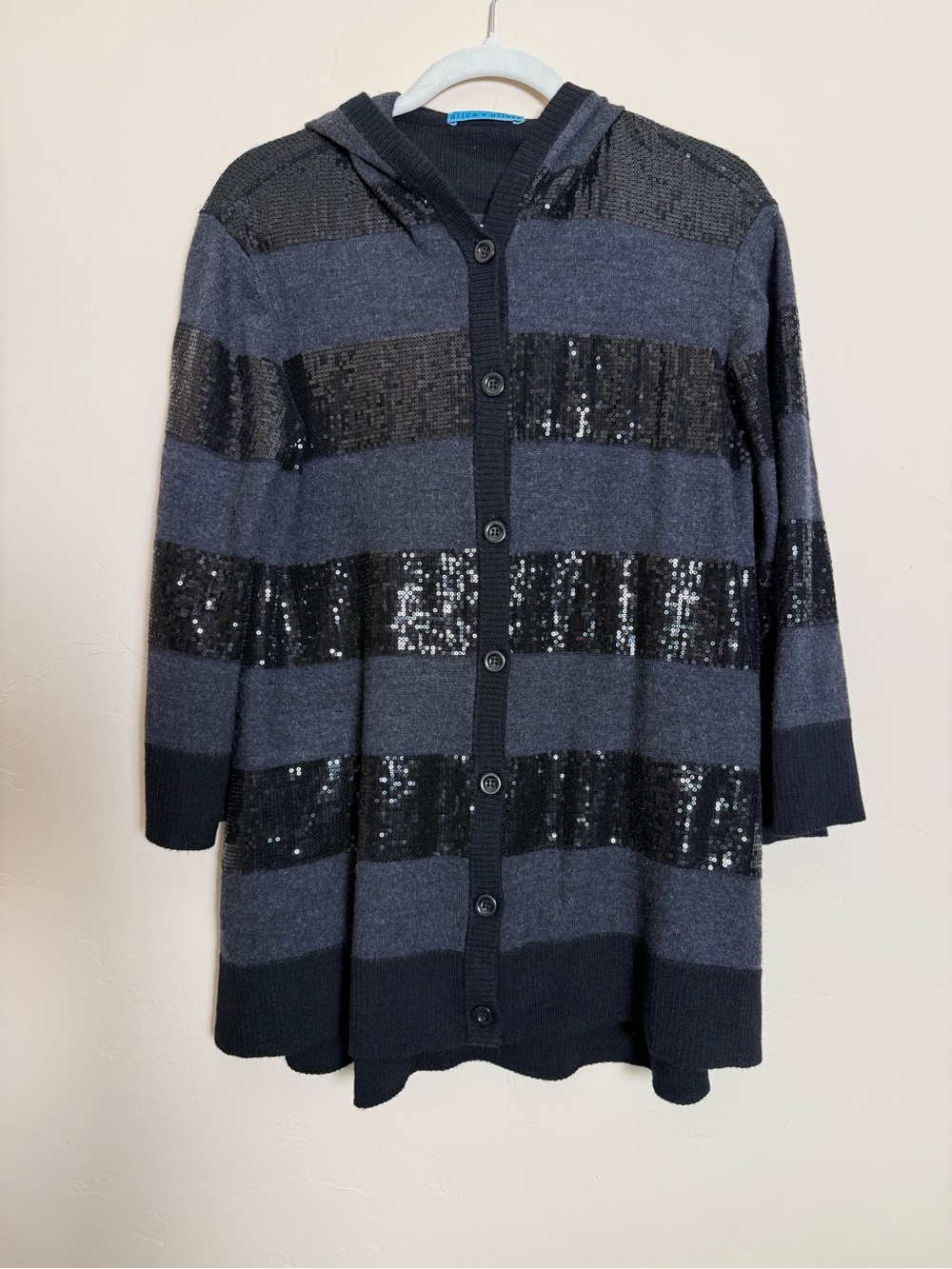 Alice + Olivia Black and Gray 100% Wool Sequin Hooded Button Cardigan Medium